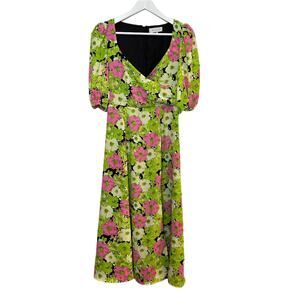 WAYF Floral Midi Dress Surplice Neckline Puff Sleeve Green Pink A Line XS